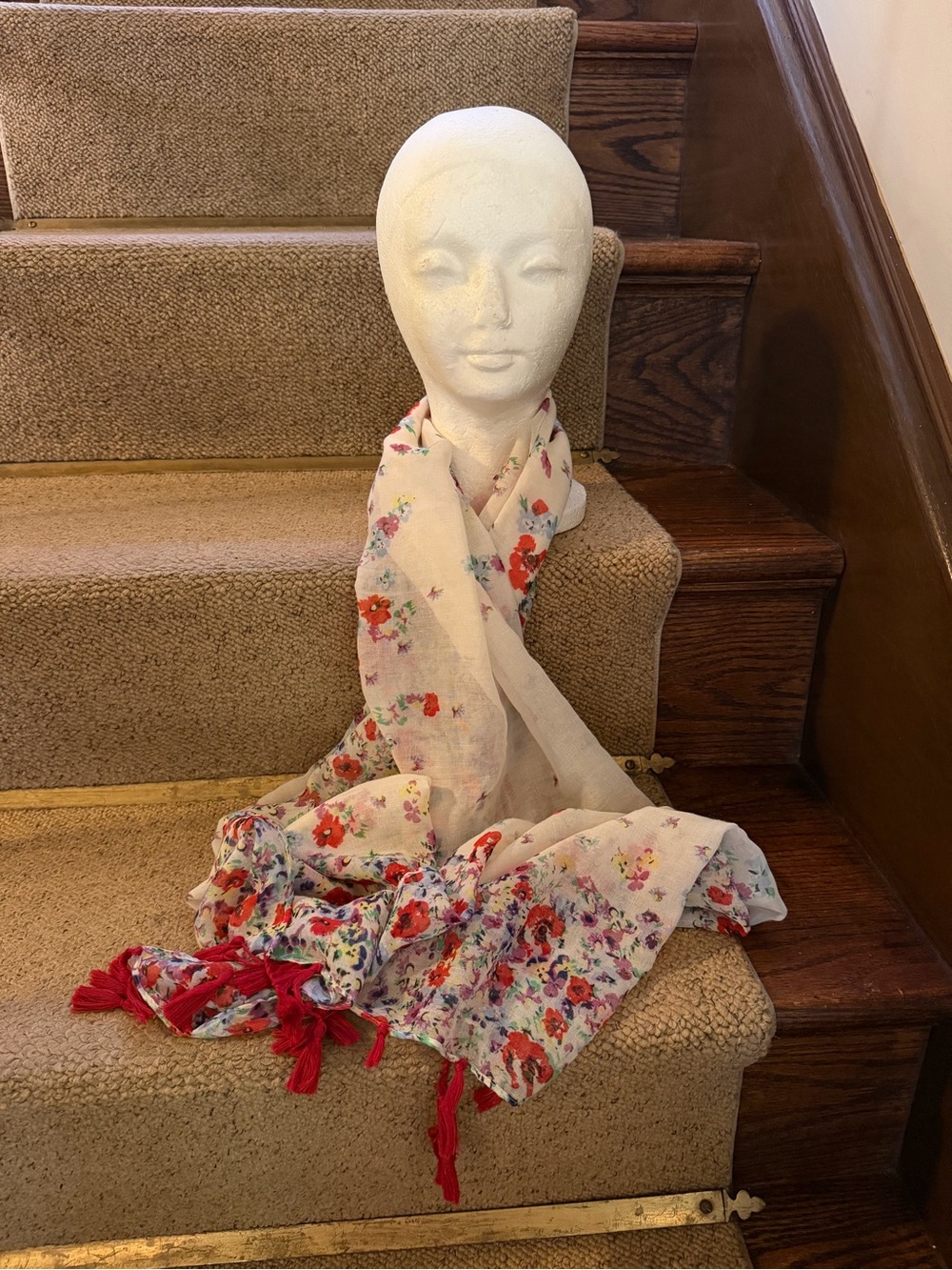 K by KMart Vintage Floral White Scarf with Red Tassels